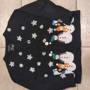 All Points Christmas Black Snowman Cardigan Size Large